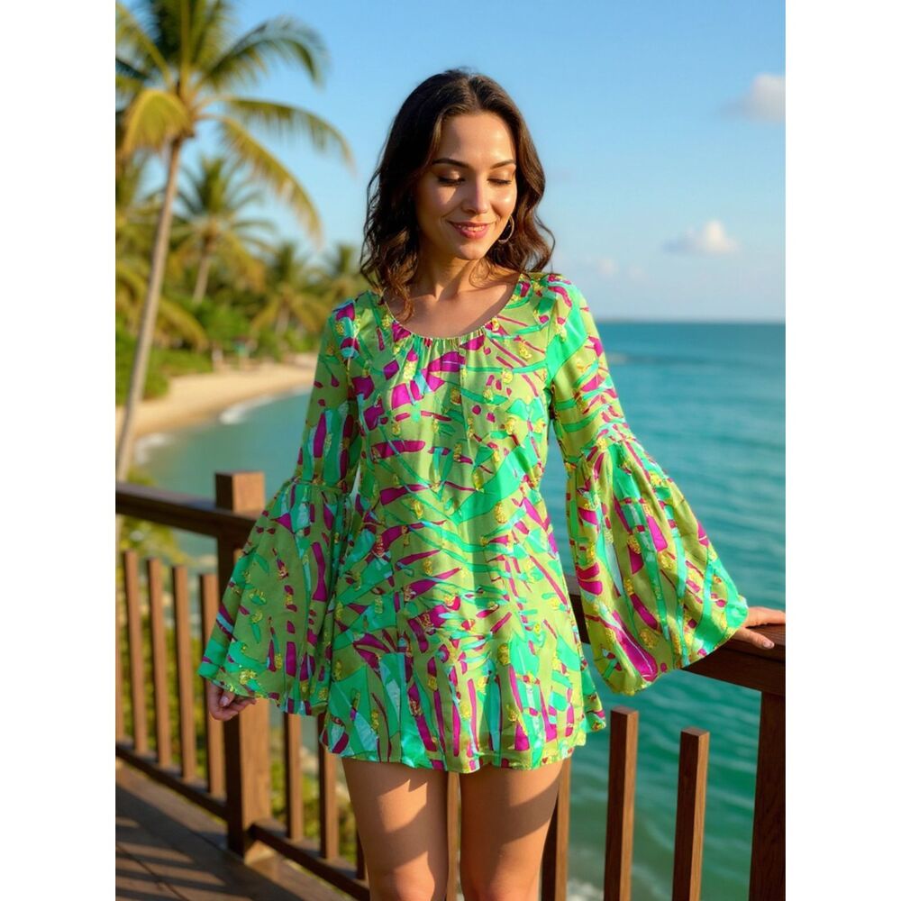 Milly New York Tropical Resort Silk Blouse Size 2 Green Pink Gold